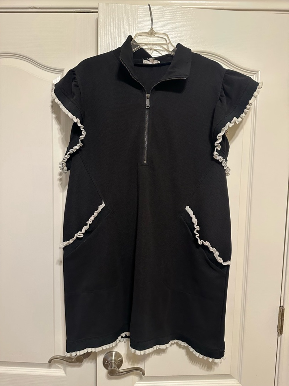 ENTRO Black Dress with White Ruffle Trim - Casual Half-Zip